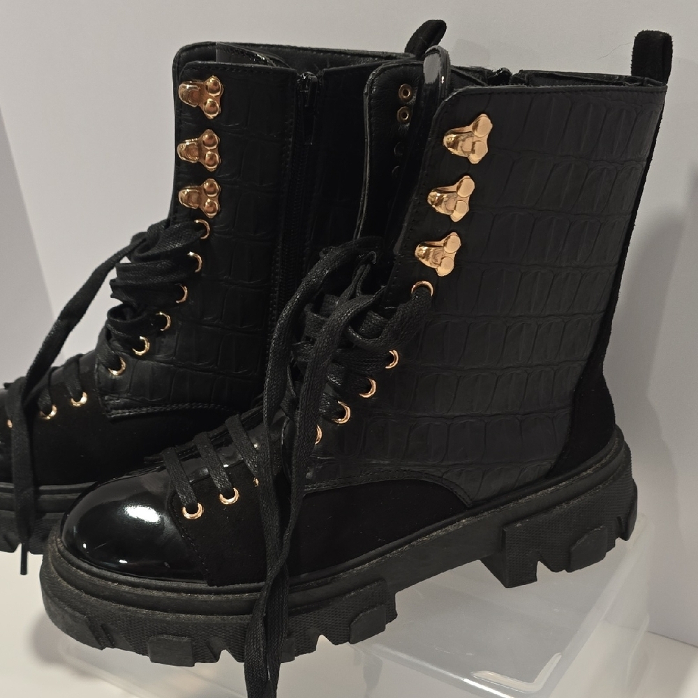 Sale!!! Black Combat Boots with Gold Accents - Picture 7 of 11